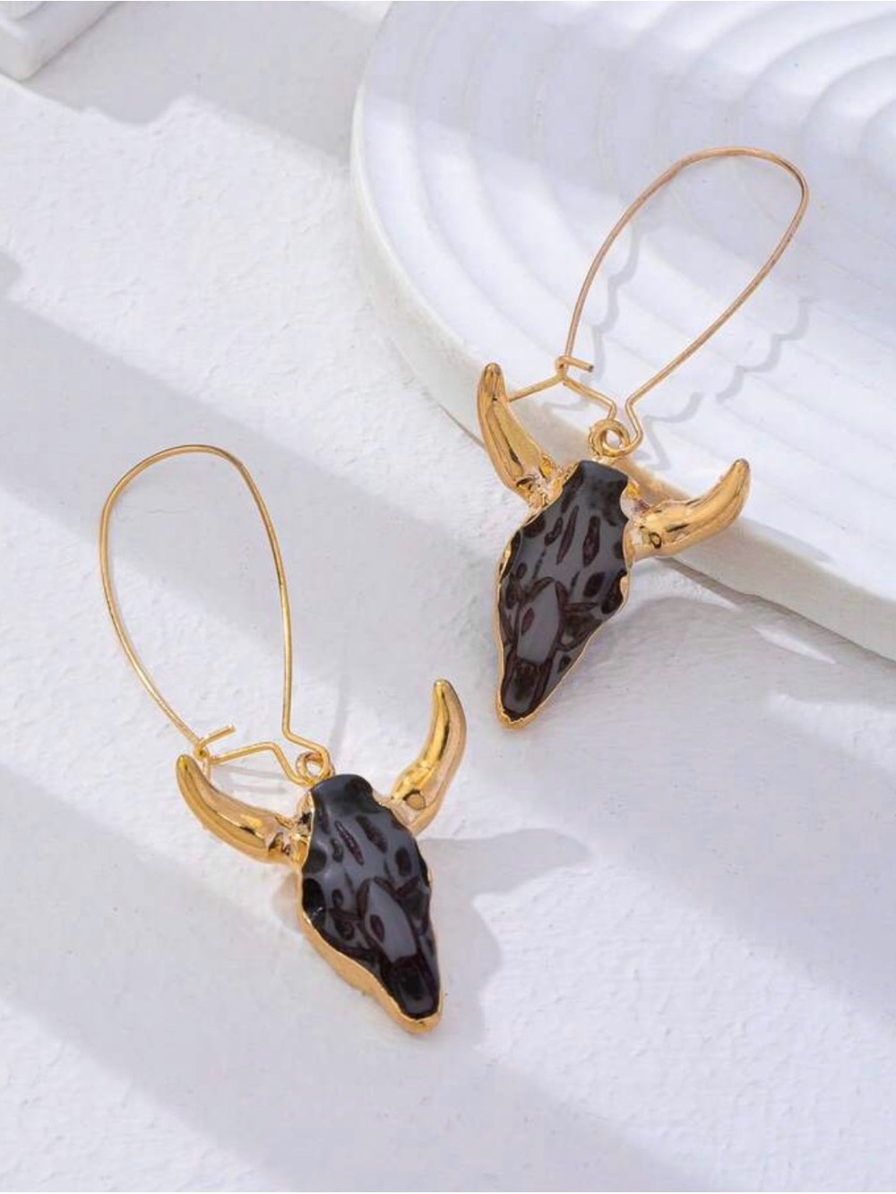 Western Longhorn Earrings gold and Black Bull Skull Dangle Earrings - Women